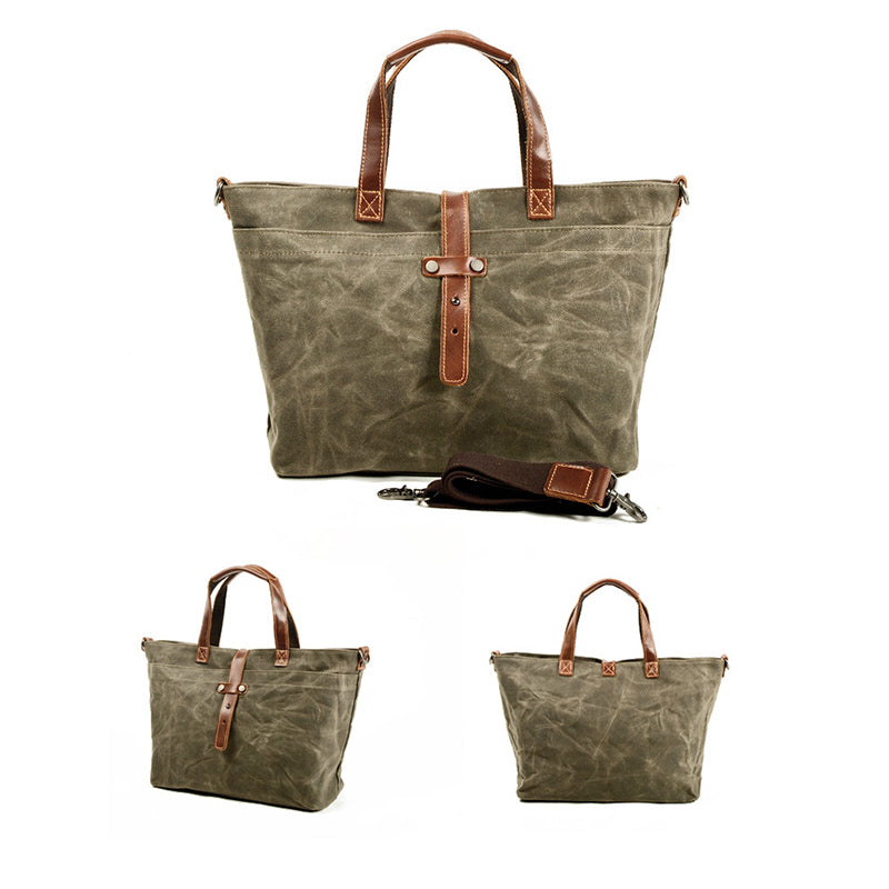 Flash Sale Waxed Canvas With Full Grain Leather Tote Waterproof Crossbody Bag Large Capacity Shopper Bag