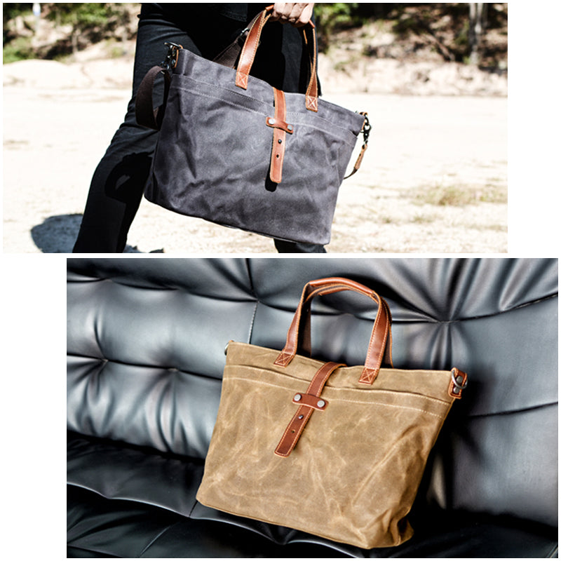 Flash Sale Waxed Canvas With Full Grain Leather Tote Waterproof Crossbody Bag Large Capacity Shopper Bag