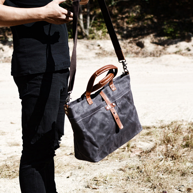 Flash Sale Waxed Canvas With Full Grain Leather Tote Waterproof Crossbody Bag Large Capacity Shopper Bag
