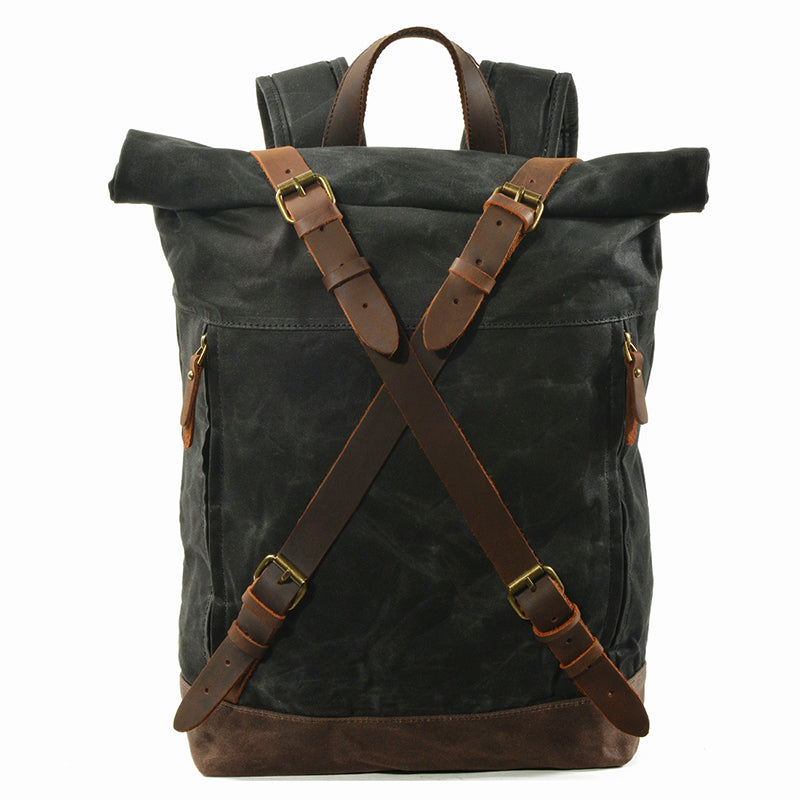 Waxed Canvas Unisex Travel Backpack Waterproof Mountaineering Backpack Canvas With Full Grain Leather Laptop Rucksack