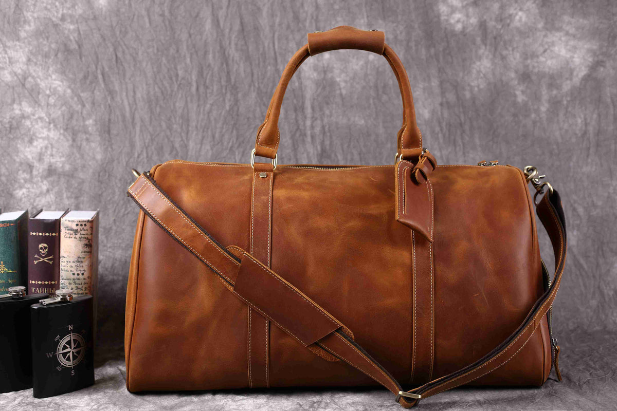 Vintage Crazy Horse Leather Duffle, Weekender with Shoe Compartment