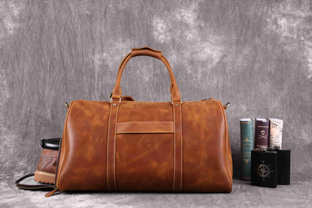 Vintage Crazy Horse Leather Duffle, Weekender with Shoe Compartment