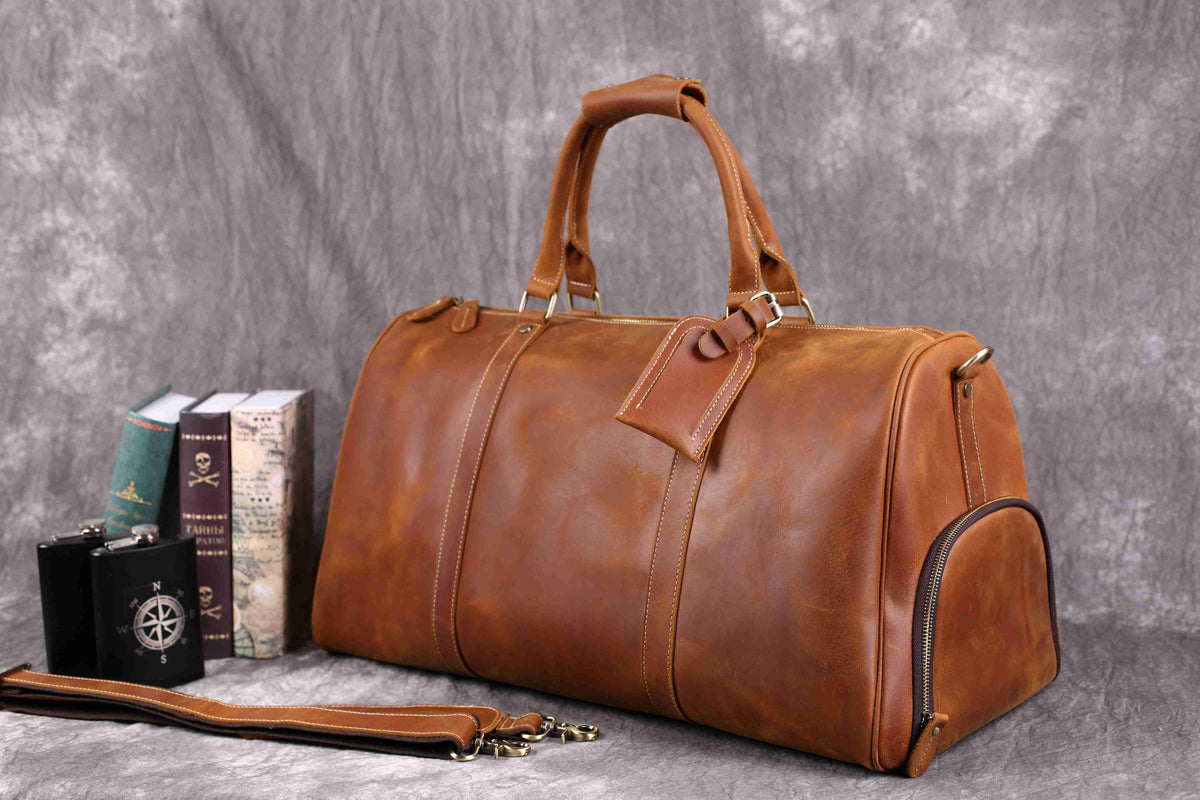 Vintage Crazy Horse Leather Duffle, Weekender with Shoe Compartment