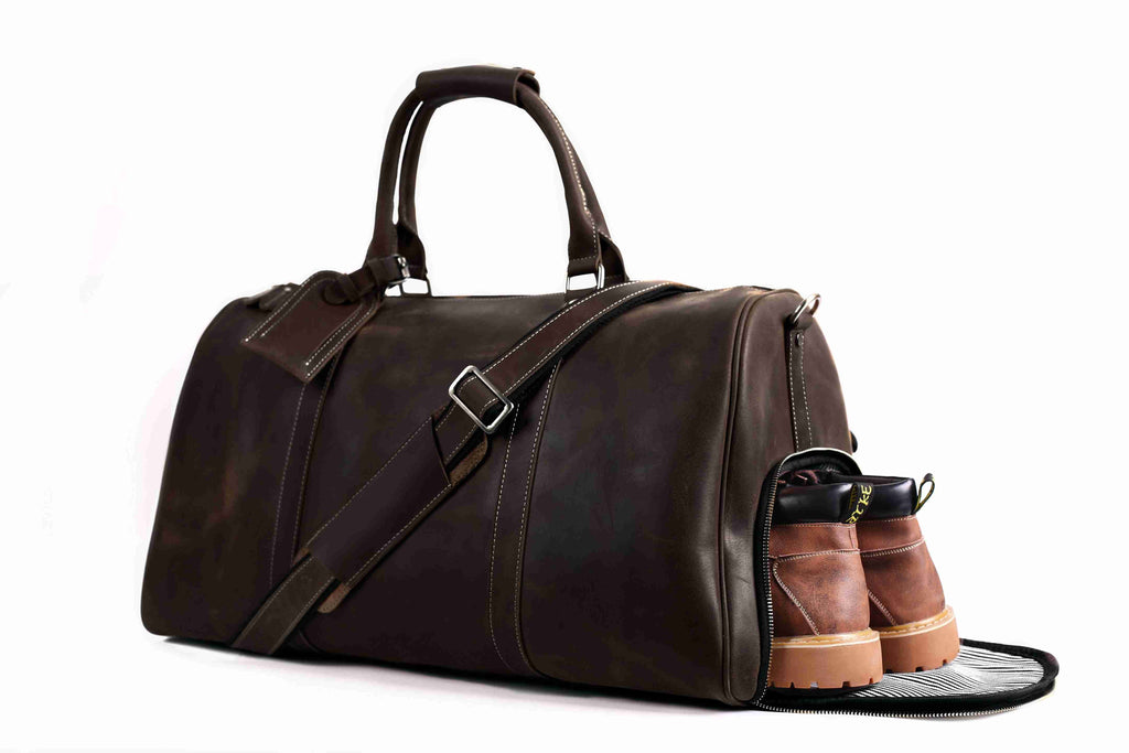 Vintage Crazy Horse Leather Duffle, Weekender with Shoe Compartment