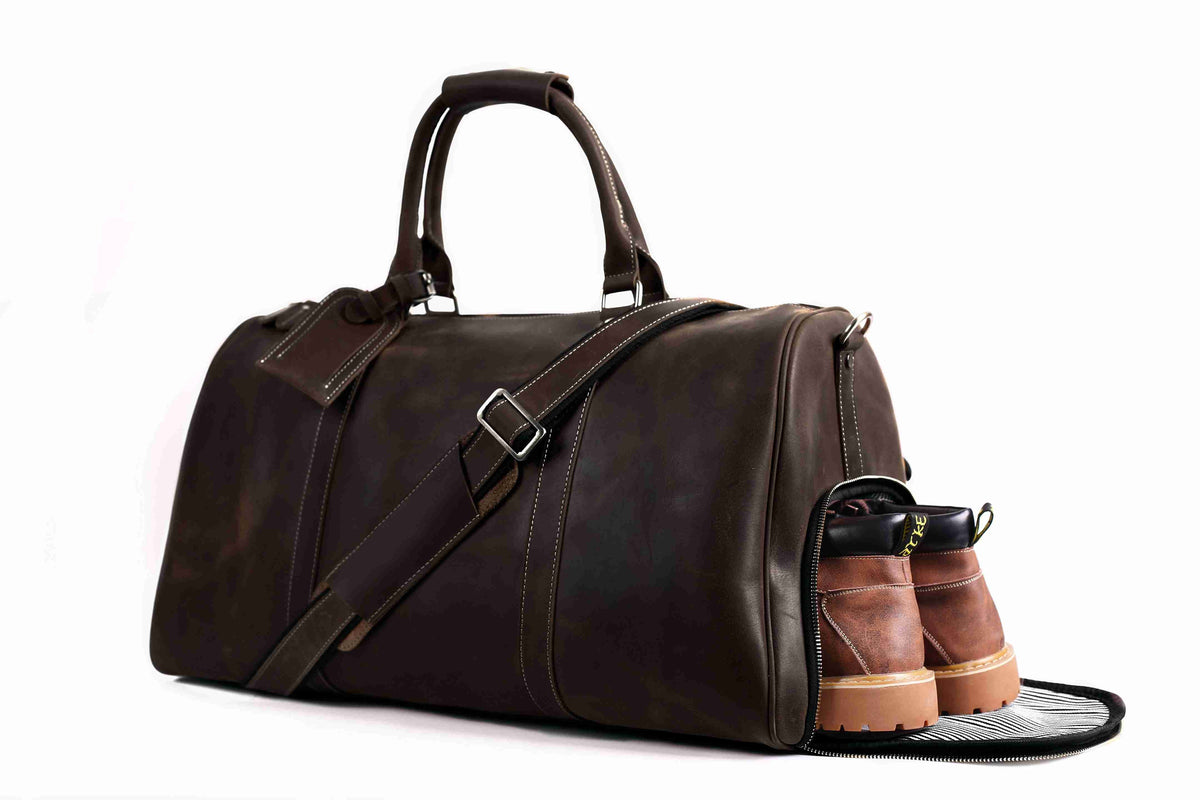 Vintage Crazy Horse Leather Duffle, Weekender with Shoe Compartment