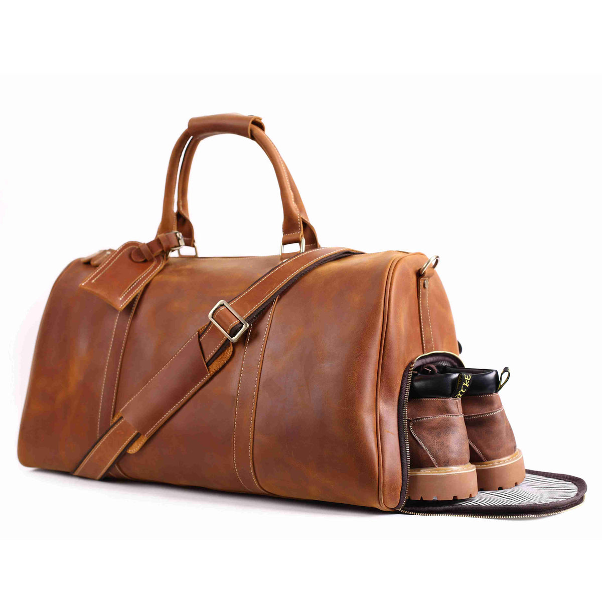 Vintage Crazy Horse Leather Duffle, Weekender with Shoe Compartment