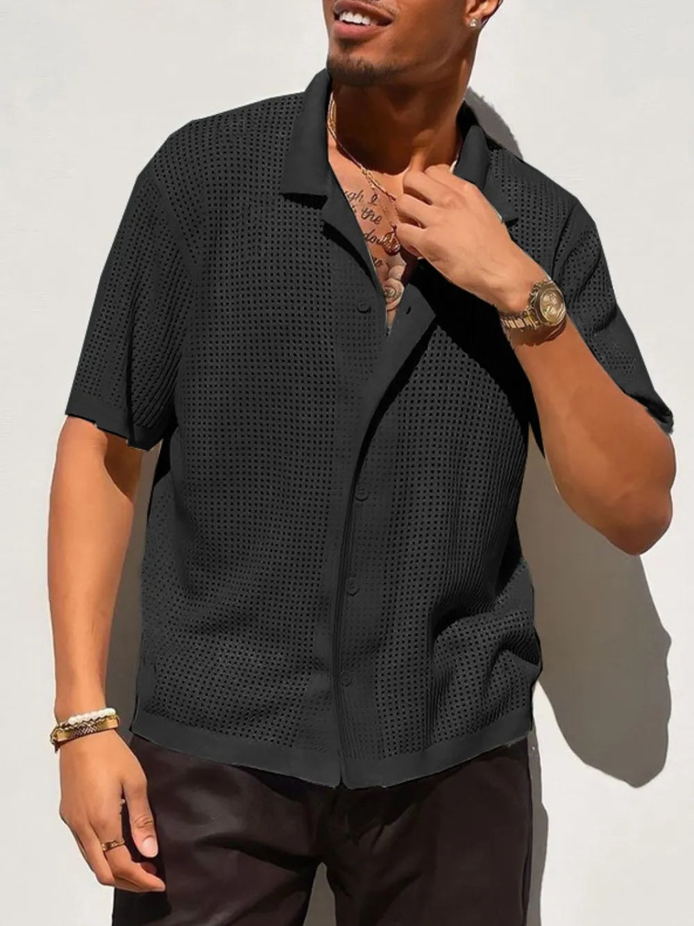 Men's Full Size Openwork Button Down Collared Neck Shirt Plus Size