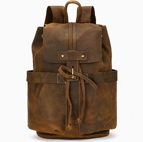 Crazy Horse Leather Men Travel Backpack Retro Laptop Backpack Bucket Backpack