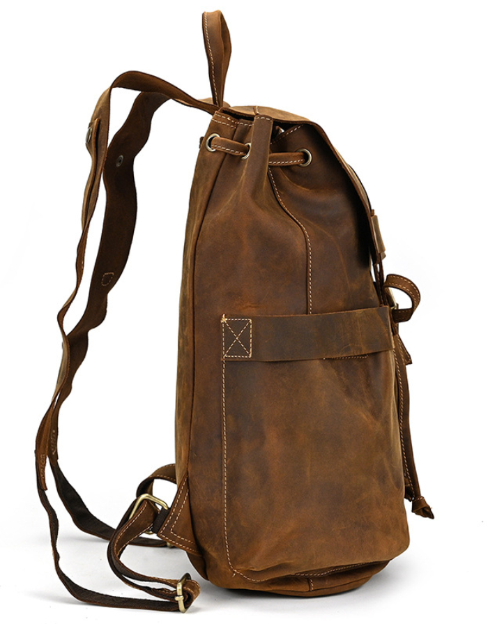 Crazy Horse Leather Men Travel Backpack Retro Laptop Backpack Bucket Backpack
