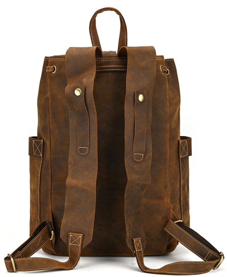 Crazy Horse Leather Men Travel Backpack Retro Laptop Backpack Bucket Backpack