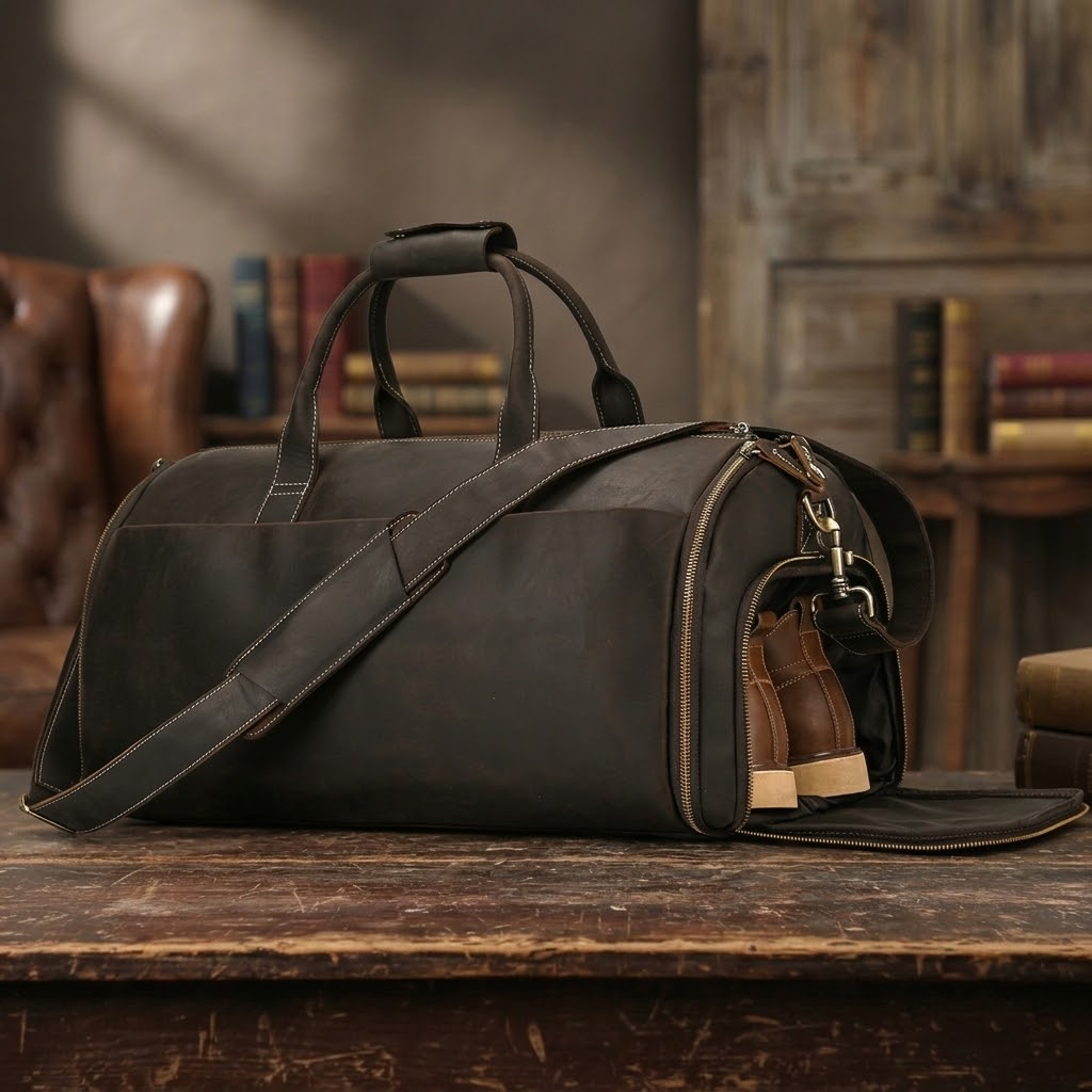 Men's Full Grain Leather Garment Bag, Convertible Weekender Duffel Bag