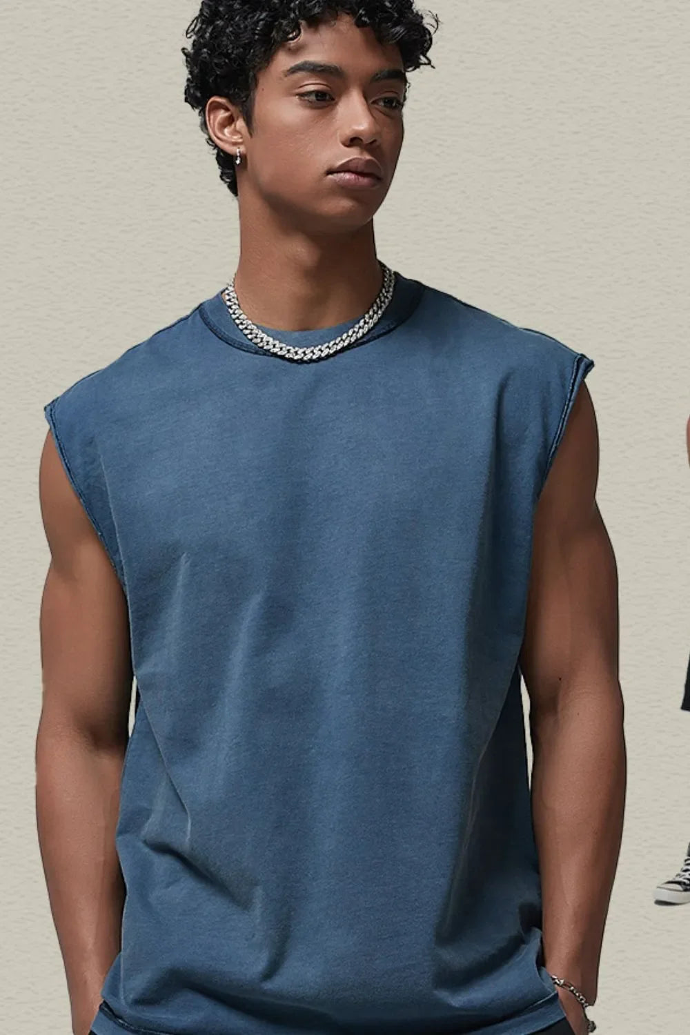 Men's Washed Round Neck Sleeveless Top