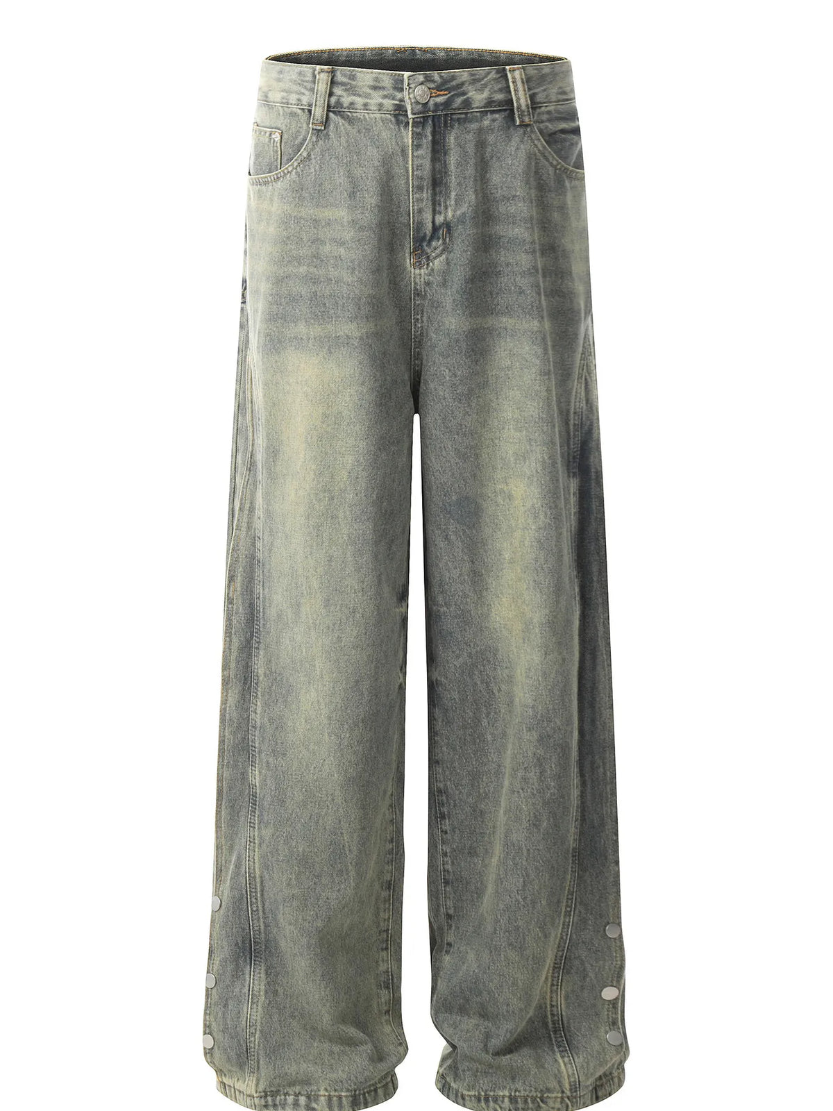 Men's Washed Wide Leg Jeans with Side Button Details