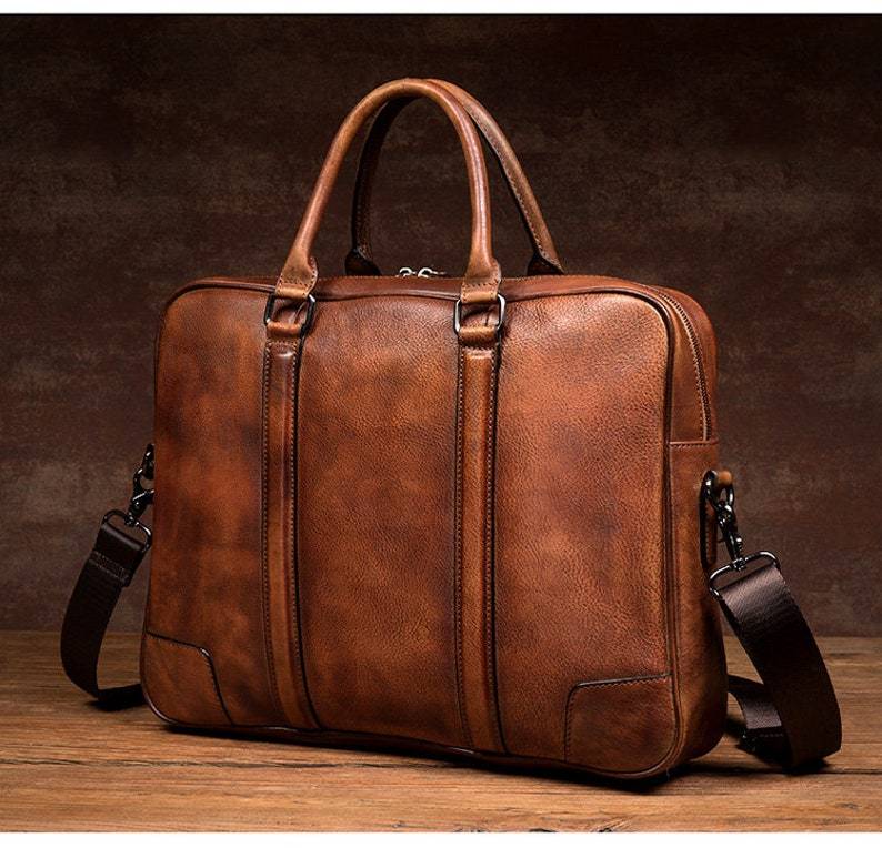 Full Grain Leather Briefcase Men's Leather Laptop Bag Shoulder Messenger Bag Gift for Him