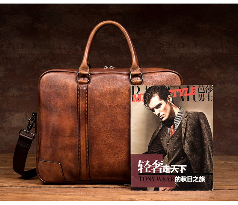 Full Grain Leather Briefcase Men's Leather Laptop Bag Shoulder Messenger Bag