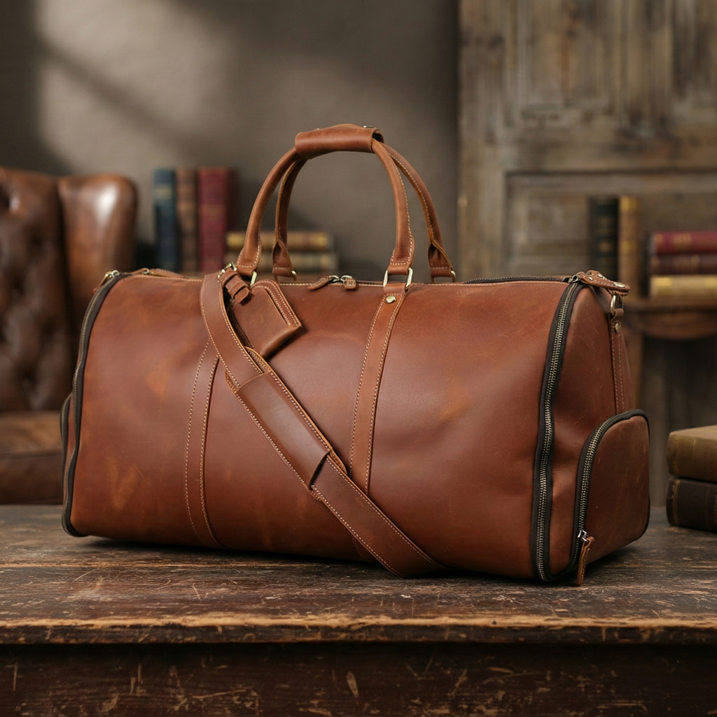 Men's Convertible Full Grain Leather Garment Bag, Carry-On Weekender with Shoe Compartment
