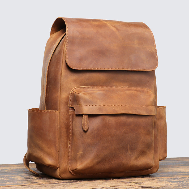 Crazy Horse Leather Men Backpack Men Full Grain Leather School Backpack Retro Travel Backpack
