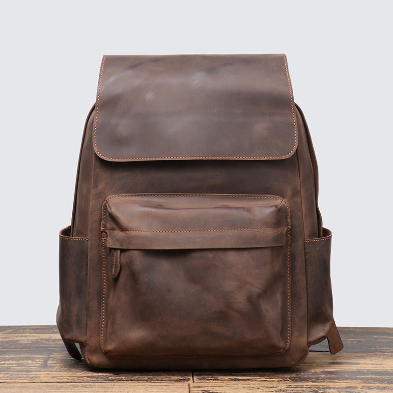 Crazy Horse Leather Men Backpack Men Full Grain Leather School Backpack Retro Travel Backpack