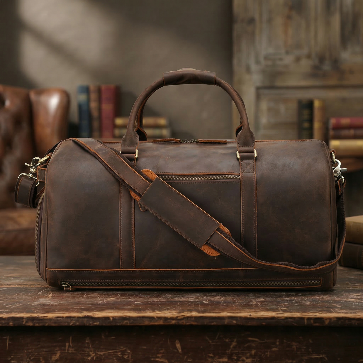 Crazy Horse Leather Duffle Bag Handmade Mens Leather Travel Bag Leather Tote Luggage Bag