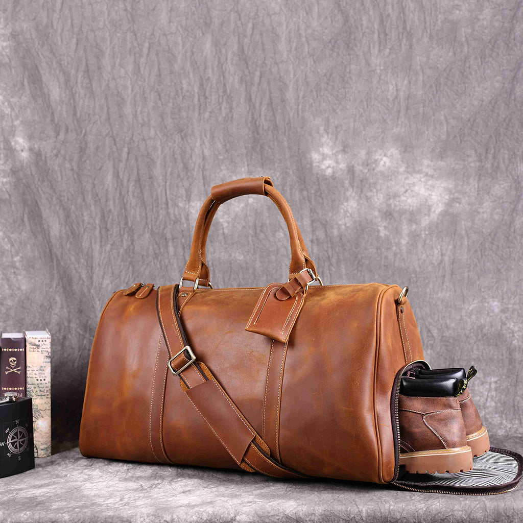 Vintage Crazy Horse Leather Duffle, Weekender with Shoe Compartment