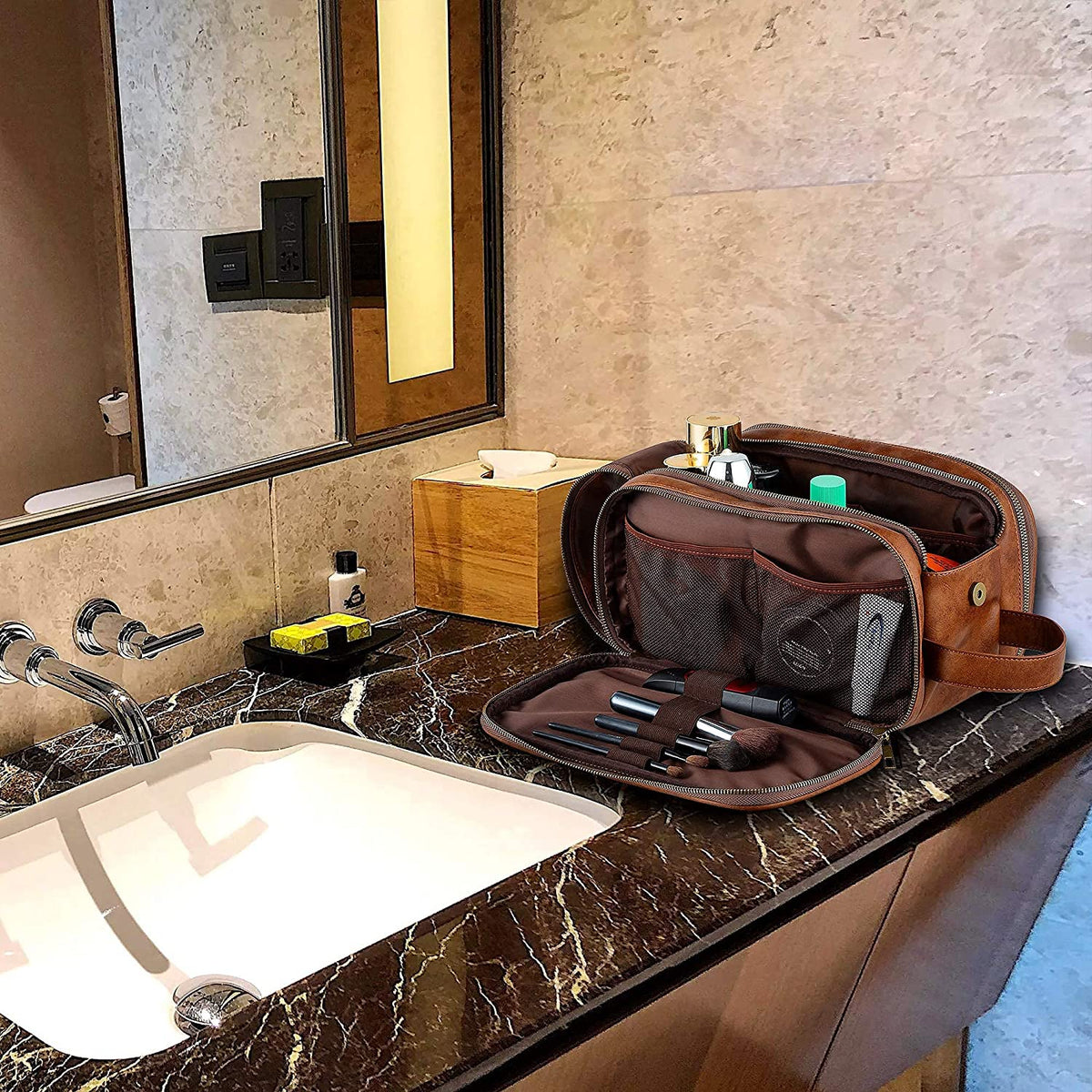 Groomsmen Gift, Waterproof PU Leather Toiletry Bag, Vegan Leather Dopp Kit, Water-Resistant Bathroom Toiletries Organizer, Christmas Gift